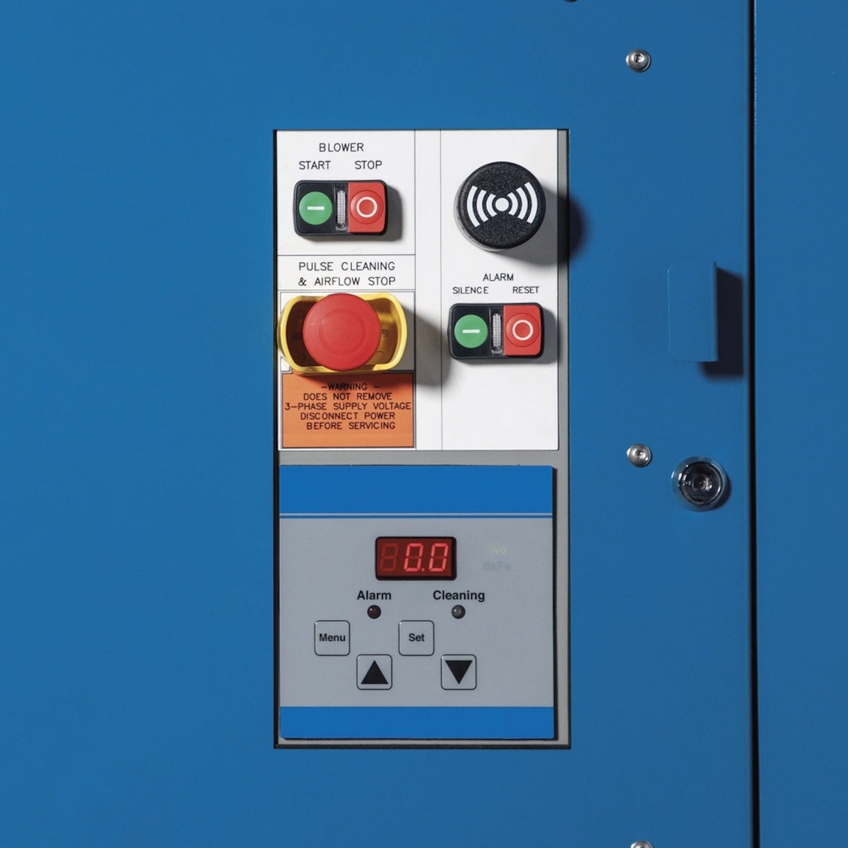 Miller Filtair Purifier 301745 3Ph 230V control panel showing buttons, alarm reset, and airflow display.