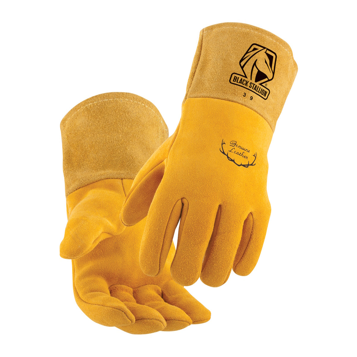 Black Stallion MightyMIG Deerskin MIG Gloves 39 displayed on white, featuring logo cuffs and durable Kevlar stitching.