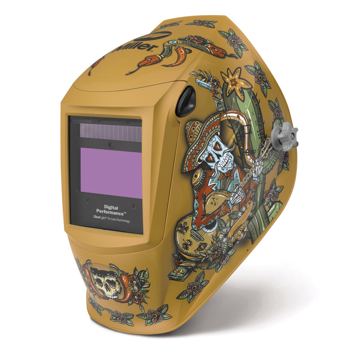 Miller Digital Performance Desert Skull Welding Helmet w/ClearLight 4X Lens 402744, tan with desert skull graphics.