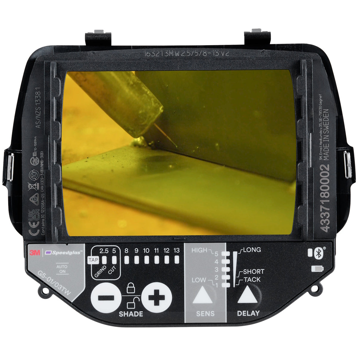 3M Speedglas G5-03 Pro Tack Helmet: close-up of metal welding through natural color lens technology.