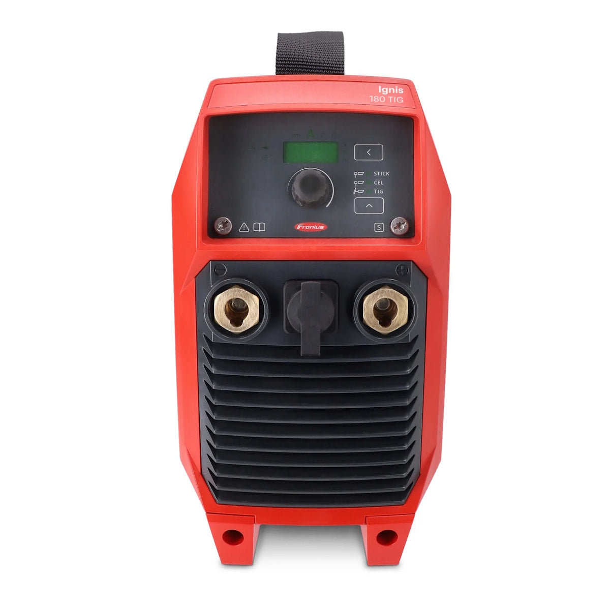 Fronius Ignis 180XT red stick welder with digital display, control dial, and two brass cable connectors.