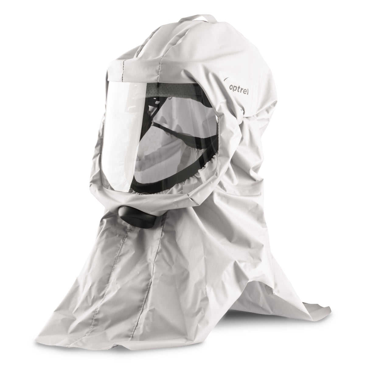 Optrel Long SoftHood Respiratory Face Protector 4900.05X shown with soft hood and clear face protection for comfort.
