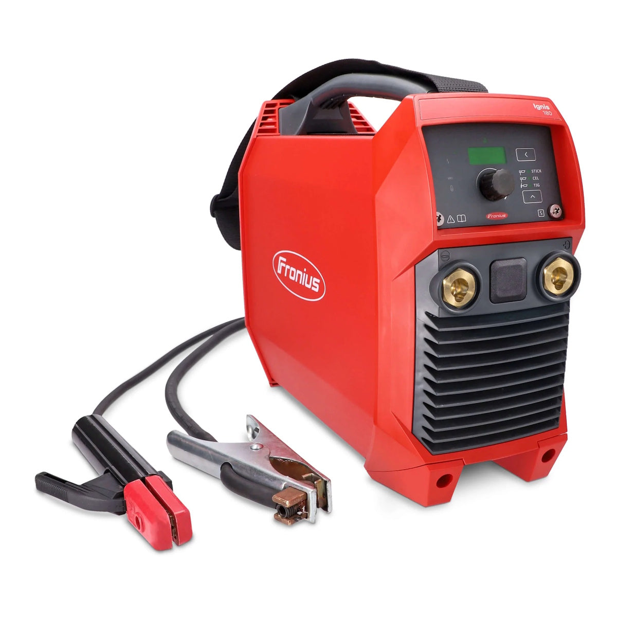 Fronius Ignis 180XT stick welder in red with a digital control panel, black carrying handle, and two welding cables.
