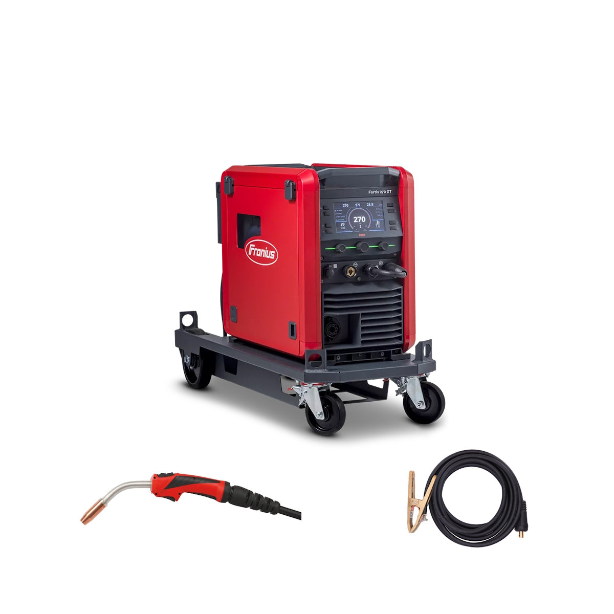 Red Fronius Fortis 270 C XT multiprocess welder 4,075,260,886 with torch and coiled cable on white background.