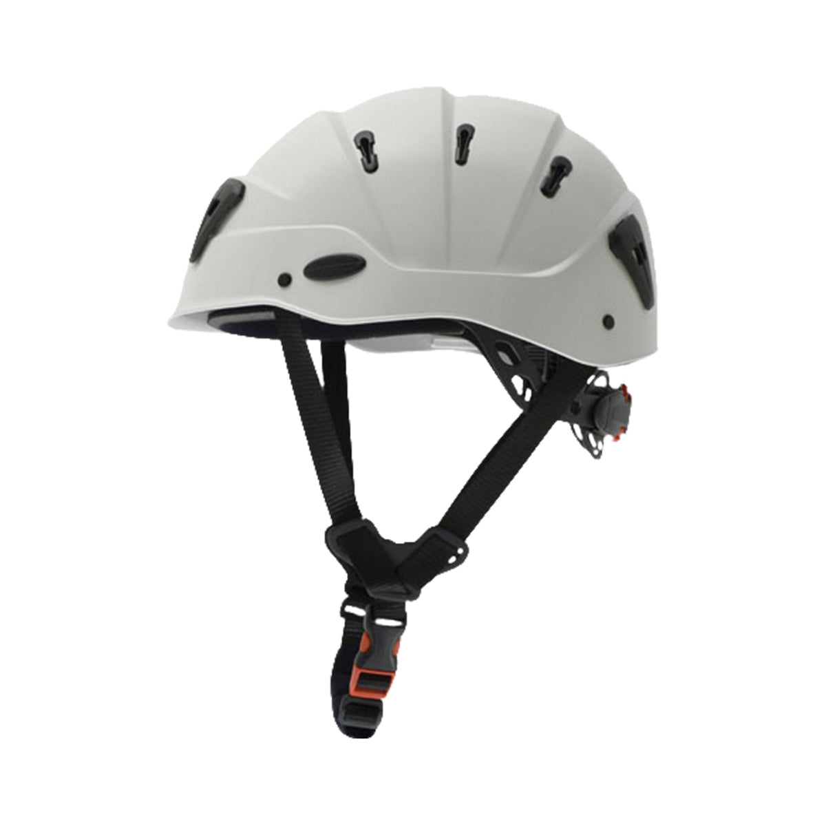 Optrel Kong Hard Hat 5011.141, gray with vents and adjustable black chin straps, displayed on white background.