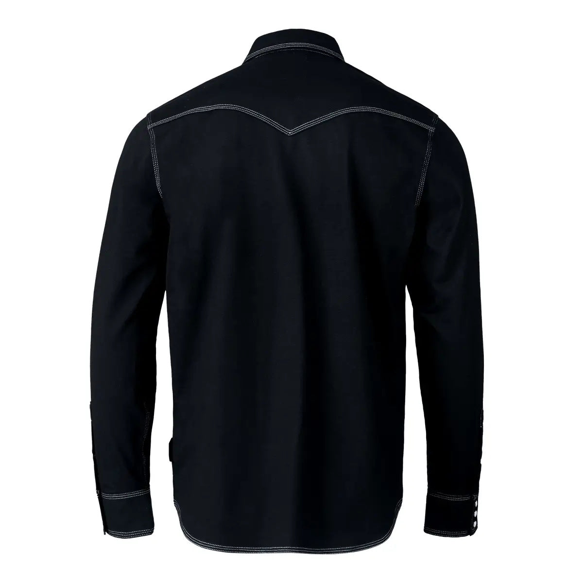 Back view of Tillman FreedomFlex Western FR Black Work Shirt 6410 with white stitching.