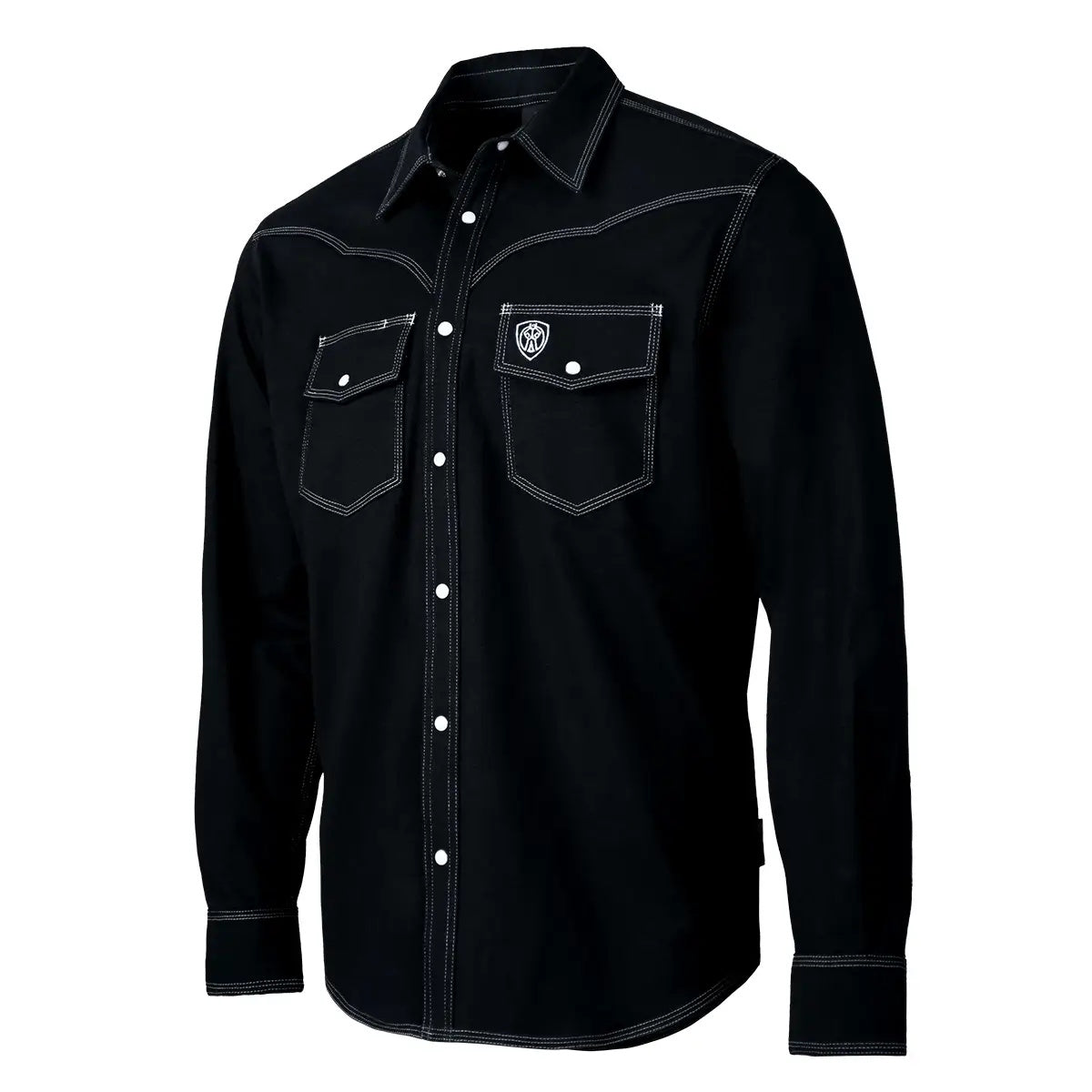 Tillman FreedomFlex Western FR Black Work Shirt 6410, featuring white contrast stitching, snap buttons, and two pockets.