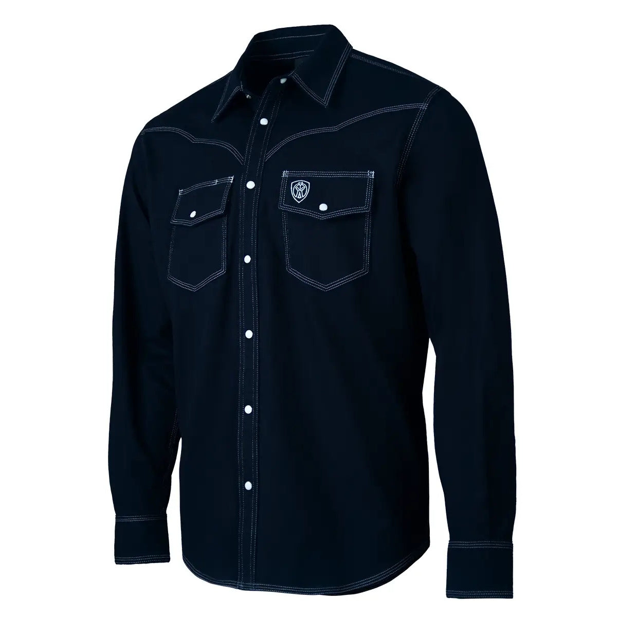 Tillman FreedomFlex Western FR Navy Work Shirt 6420 in navy with white contrast stitching, snap buttons, and two pockets.