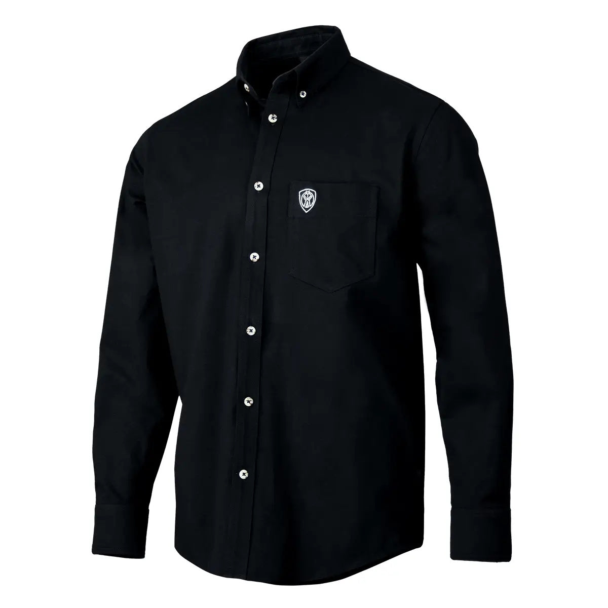 Tillman FreedomFlex Casual FR Black Work Shirt 6510: long-sleeved button-down with chest pocket and logo emblem.