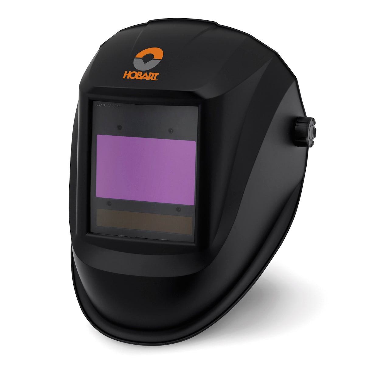 Miller Hobart PRO9 Series Welding Helmet 771029, black with PureColor purple lens, displayed on white background.