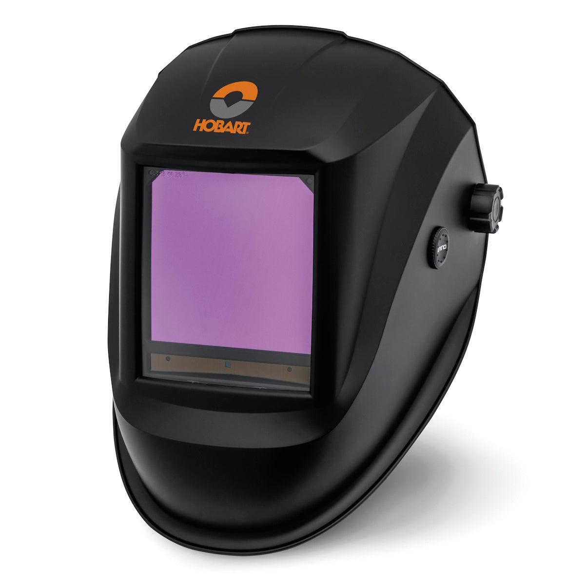 Miller Hobart PRO16 Series 771031 welding helmet, black with large PureColor lens and orange logo on front.