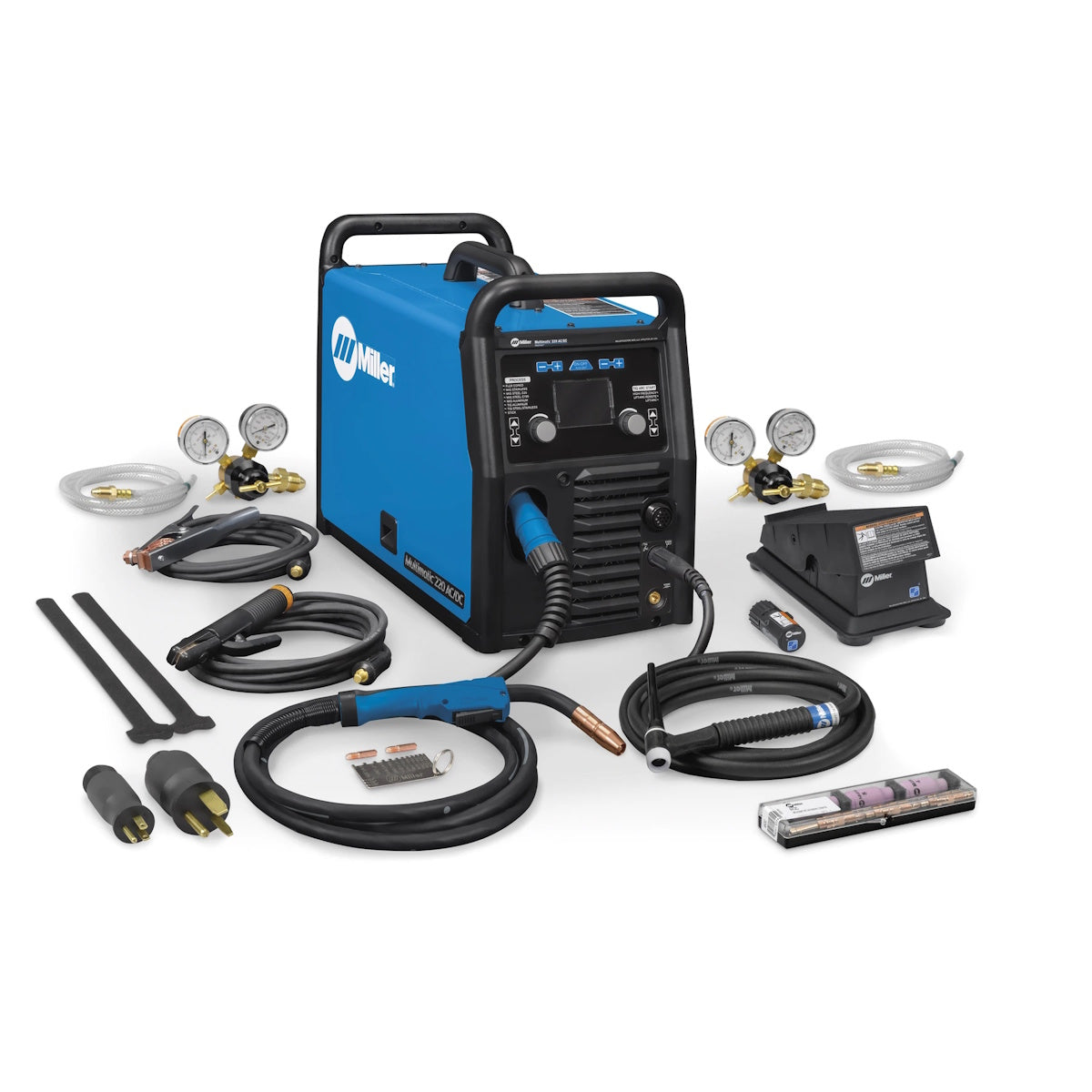 Miller Multimatic 220 AC/DC welder 907757002 with wireless foot control and accessories on white background.