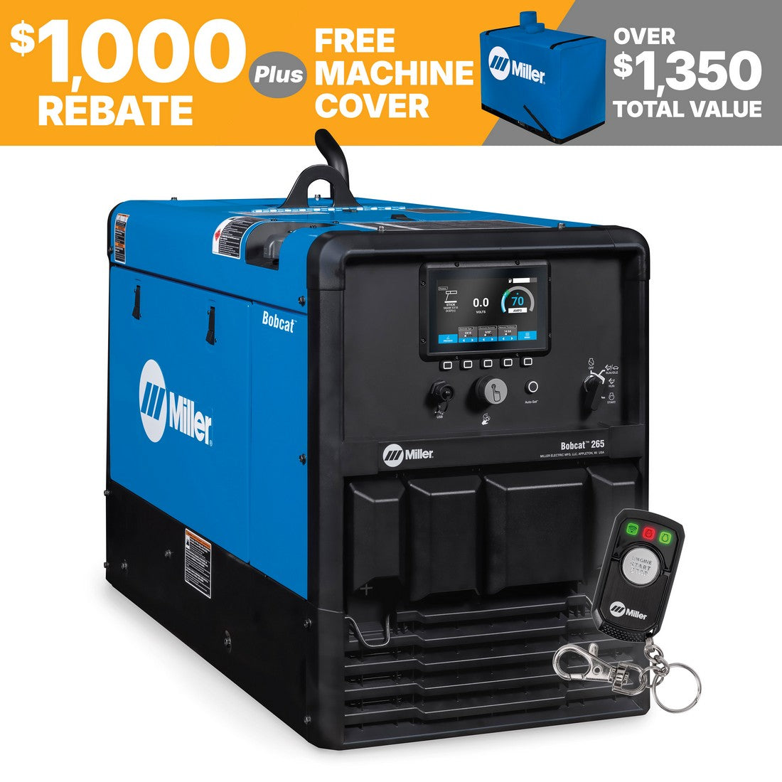 Miller Bobcat 265 Welder/Generator w/ArcReach – 1,000 rebate and free cover promotion displayed.