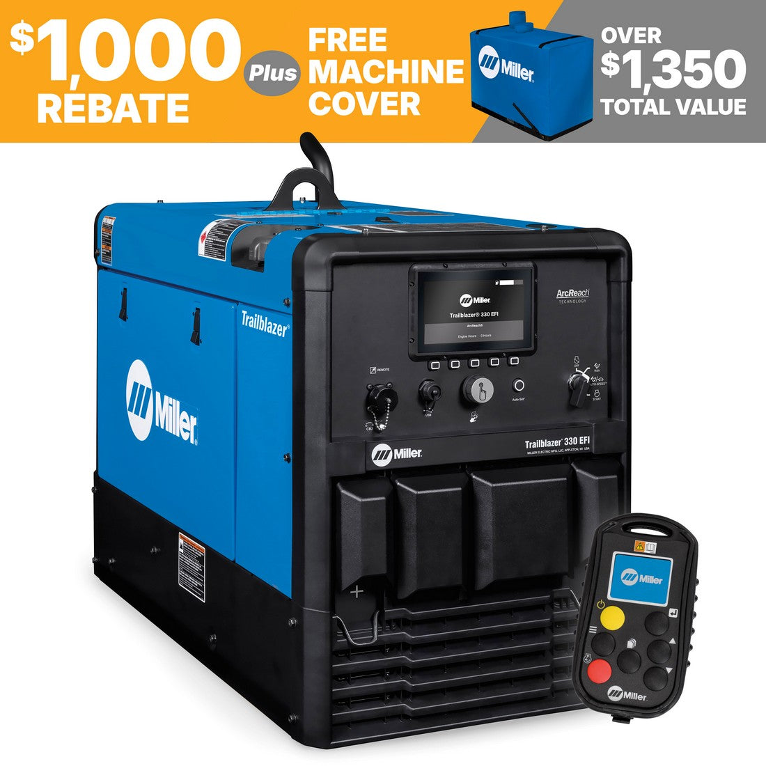 Miller Trailblazer 330 EFI Welder/Generator with Excel Power, WIC, rebate, and free machine cover offer.