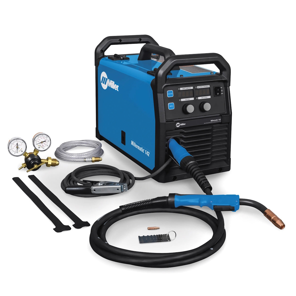 Miller Millermatic 142 MIG Welder 907838 displayed with cables, gauges, hose, and accessories on a white background.