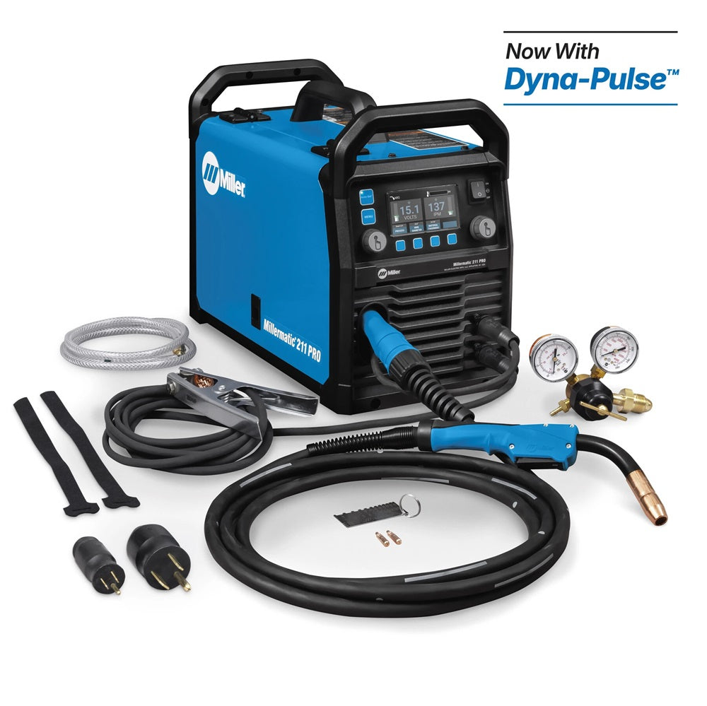Miller Millermatic 211 PRO MIG Welder 907839 with cables, gauges, torch, connectors, and accessories displayed together.