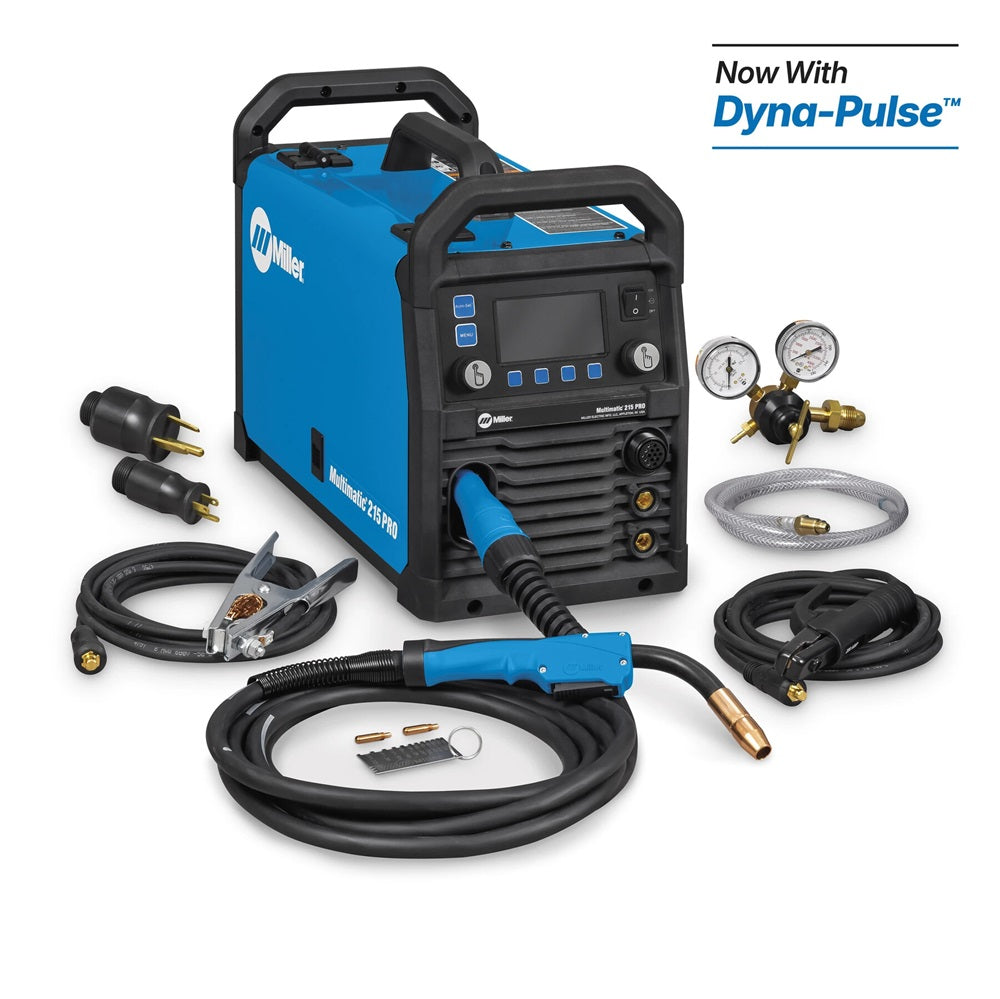 Miller Multimatic 215 PRO Multiprocess Welder 907840 with Dyna-Pulse, cables, gauges, and accessories.