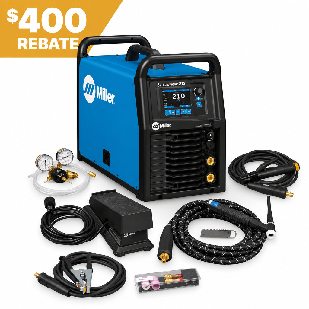 Miller Syncrowave 212 AC/DC TIG Welder 907911 with digital display, cables, accessories, and 300 rebate shown.