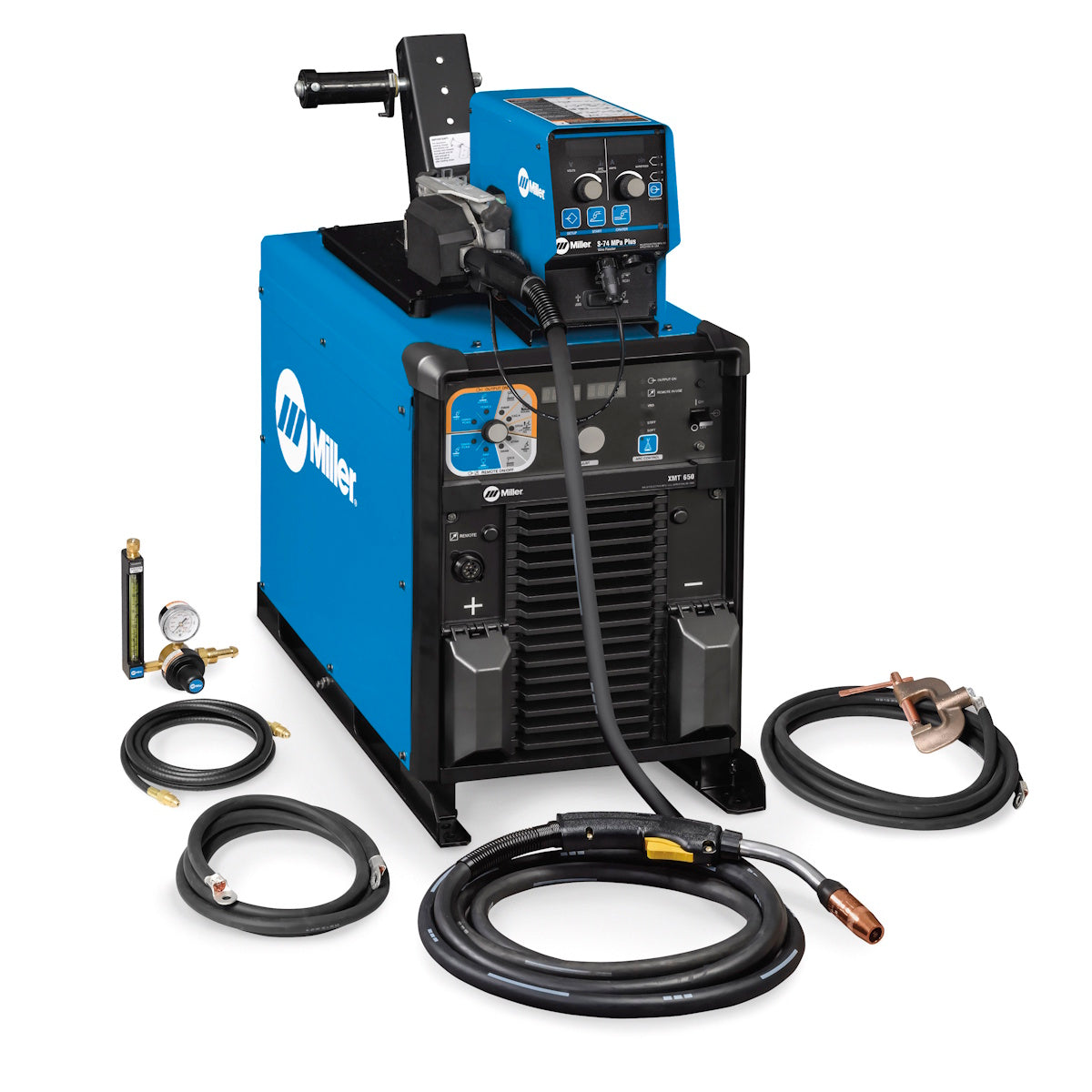 Miller XMT 650 CC/CV Stationary Pkg 380/460V 951000067 with included control box, cables, gauges, and Miller accessories.
