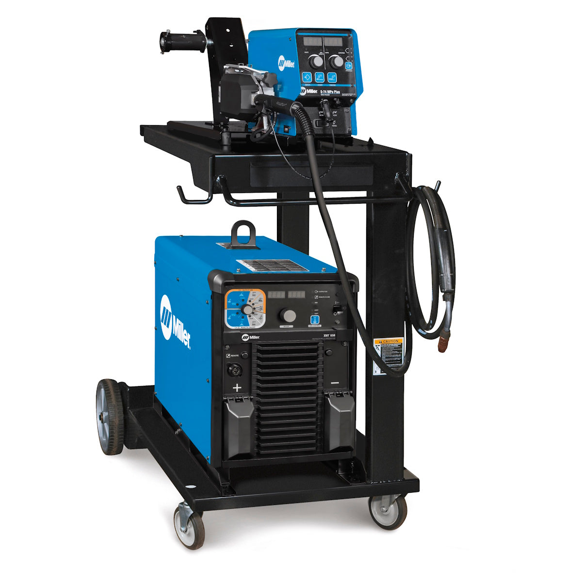 Miller XMT 650 CC/CV MIG Runner Pkg 380/460V 951000068 on wheeled cart with wire feeder and attached cables.