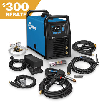 Miller Syncrowave 212 AC/DC TIG Welder with Spoolmate 150, accessories, cables, and 300 rebate label in corner.