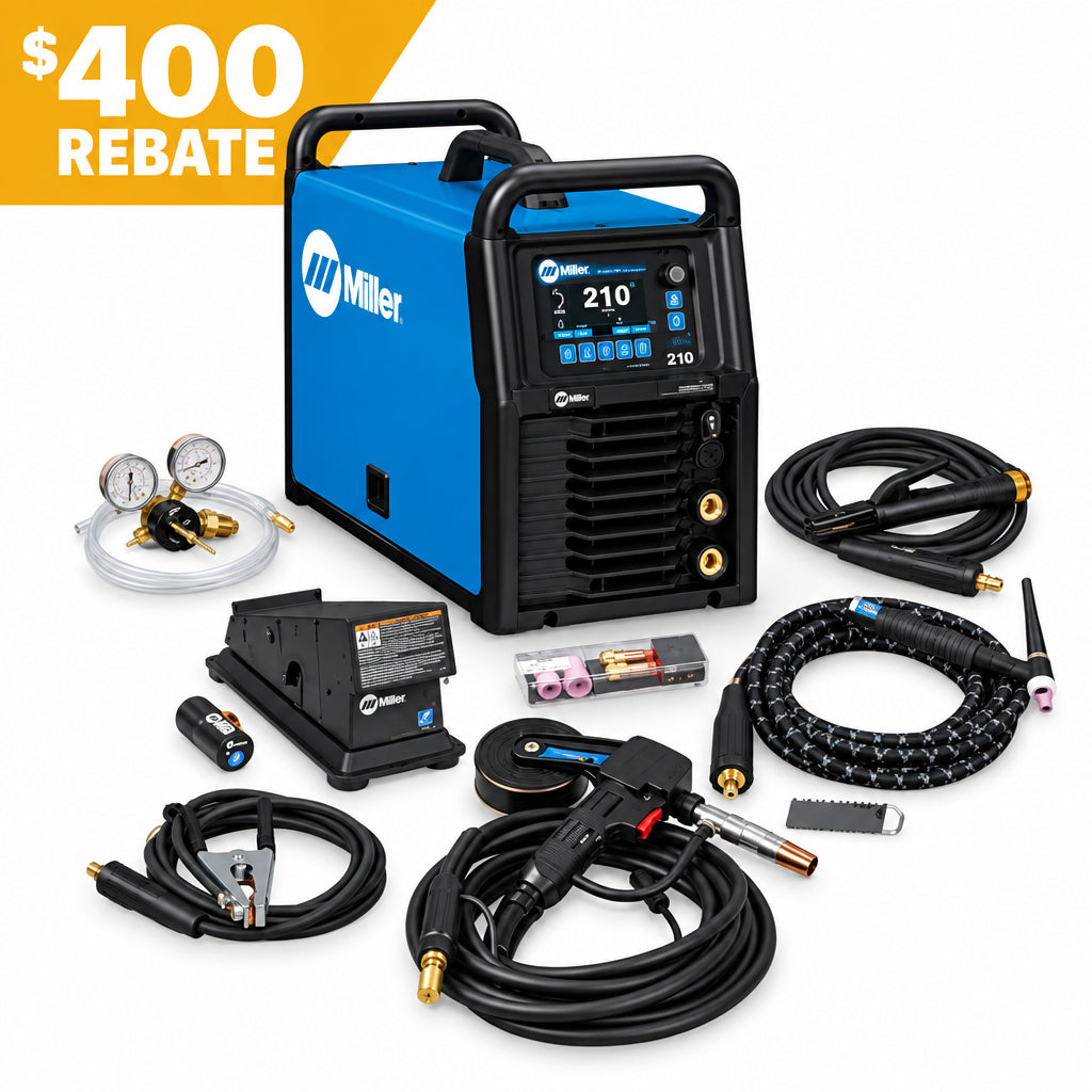 Miller Syncrowave 212 AC/DC TIG Welder; Spoolmate 150; Wireless Foot Control; 300 rebate banner upper left.