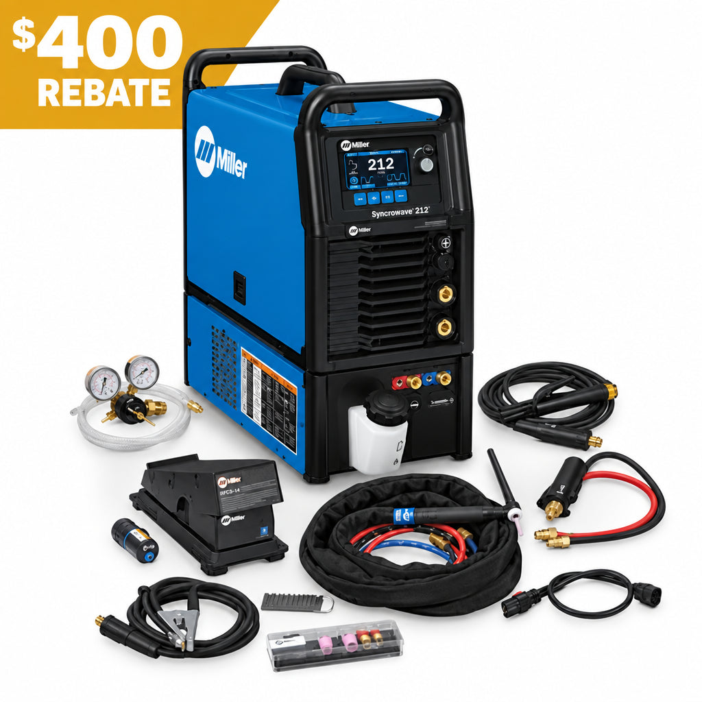Miller Syncrowave 212 AC/DC TIG Welder Water Cooled Pkg w/Wireless Foot Ctrl; 300 rebate badge in top left corner.