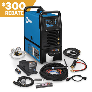 Miller Syncrowave 212 AC/DC TIG Welder Water Cooled Pkg w/Wireless Foot Ctrl; 300 rebate badge in top left corner.