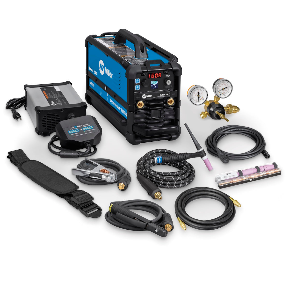 Miller Venture 150 T Battery Powered TIG/Stick Welder 951000256, blue and black, displayed with TIG Kit on white background.