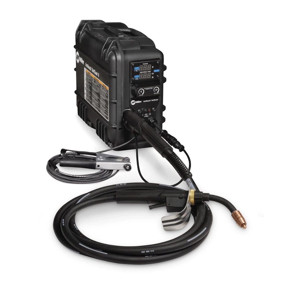 Miller ArcReach Suitcase 8 951728001 MIG welder with flux cored gun, cables, and clamp on a white background.