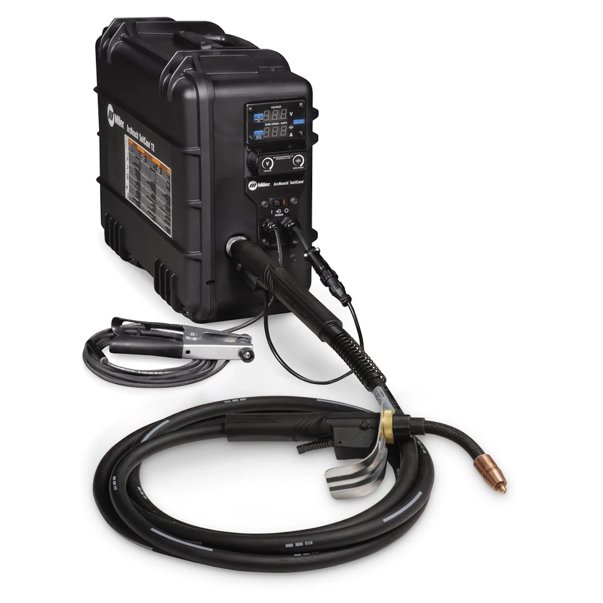 Miller ArcReach Suitcase 12: black, portable welding unit with digital display, attached cables, and front coiled torch.