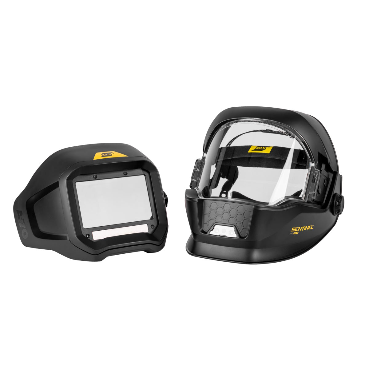 Sentinel A70 PRO 0700900700 welding helmets with clear visors, yellow accents; front and side views.