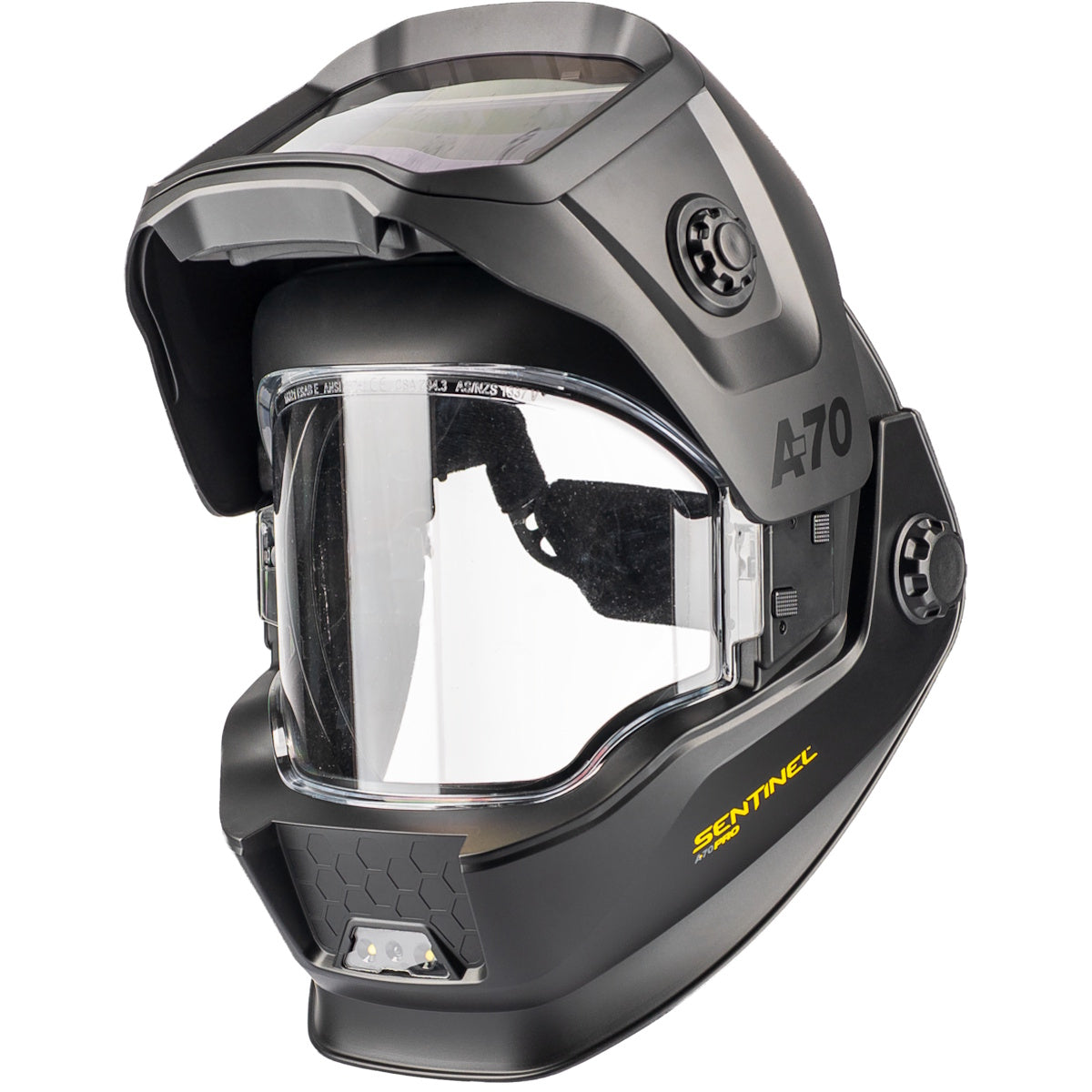 ESAB Sentinel A70 PRO Flip-Up Welding Helmet 0700900700, black, at angled side view with flip-up lens visible.