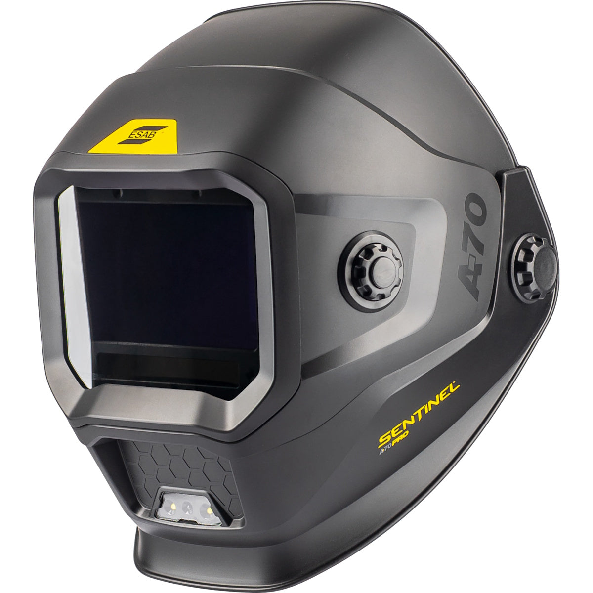 ESAB Sentinel A70 PRO Flip-Up Welding Helmet 0700900700, black/yellow, large viewing window.