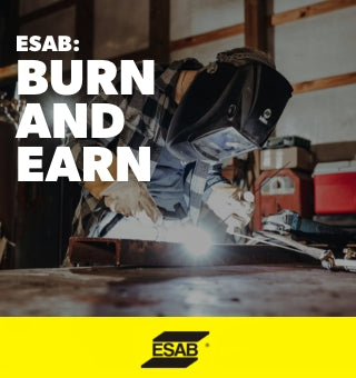 ESAB Burn and Earn: A worker welding metal in a workshop with safety gear, ESAB logo and promo text at the bottom.