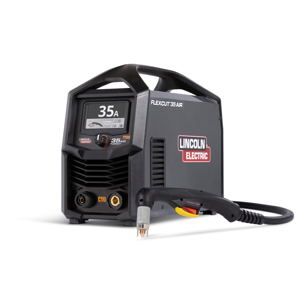 Lincoln FlexCut 35 AIR Plasma Cutter K5822-H product image with 12.5 ft hand torch and built-in air compressor shown.
