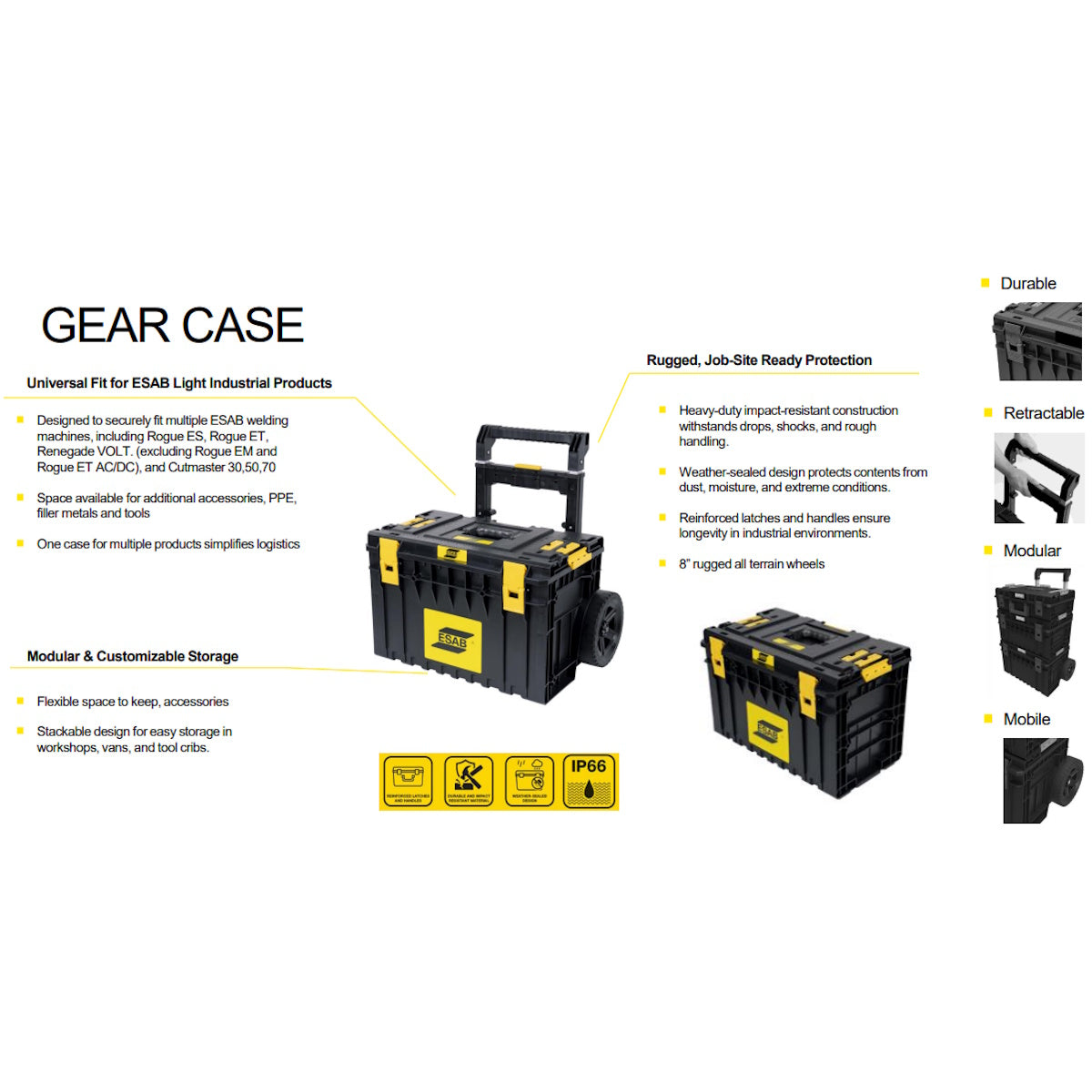 ESAB Portable Gear Case with Wheels, black and yellow, featuring a telescoping handle and stackable storage.
