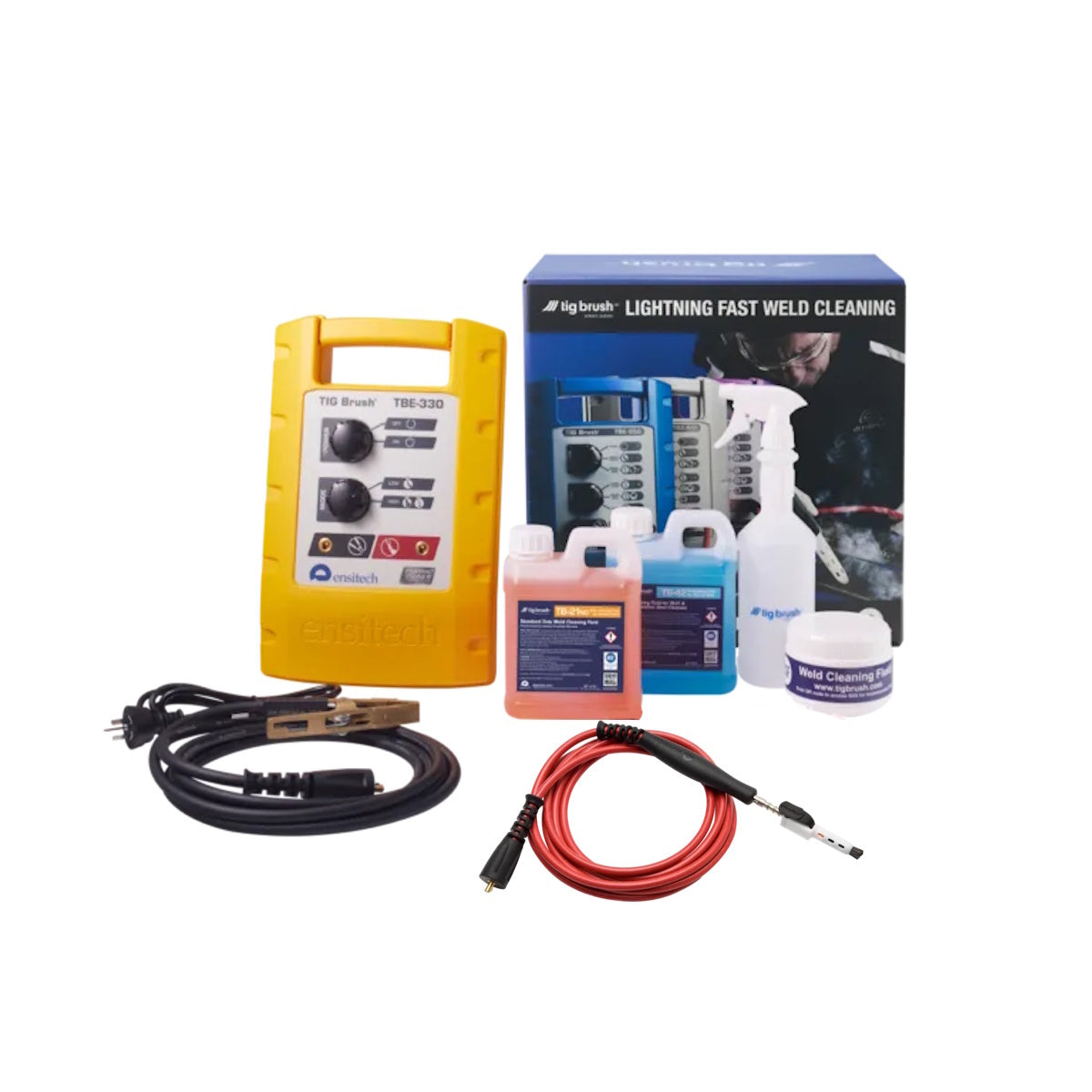TIG Brush TBE-330 Weld Cleaning System, includes cables, cleaning liquids, spray bottle, and box.