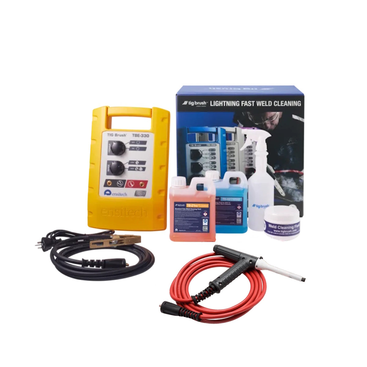 TIG Brush TBE-330 Kit with stainless steel weld cleaner, cables, fluids, spray bottle, and branded box shown.