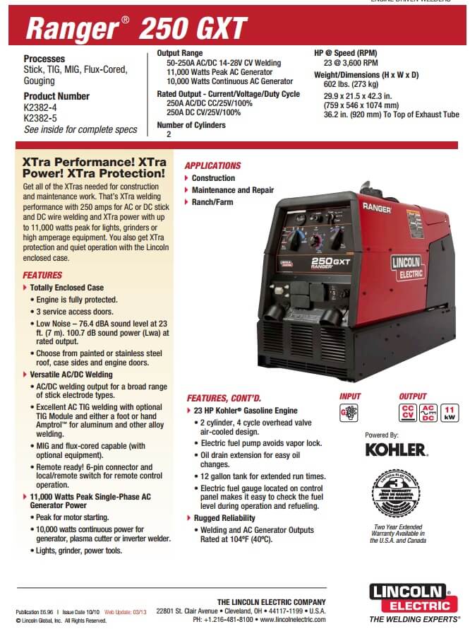Ranger® 250 GXT Engine Driven Welder (Kohler®) (w/Electric Fuel Pump)