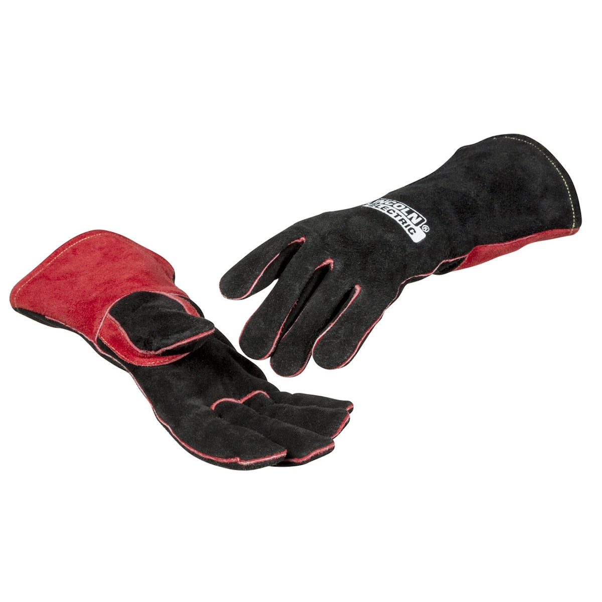 Lincoln Womens MIG/Stick Gloves K3232, black and red with long cuffs, shown on white background.