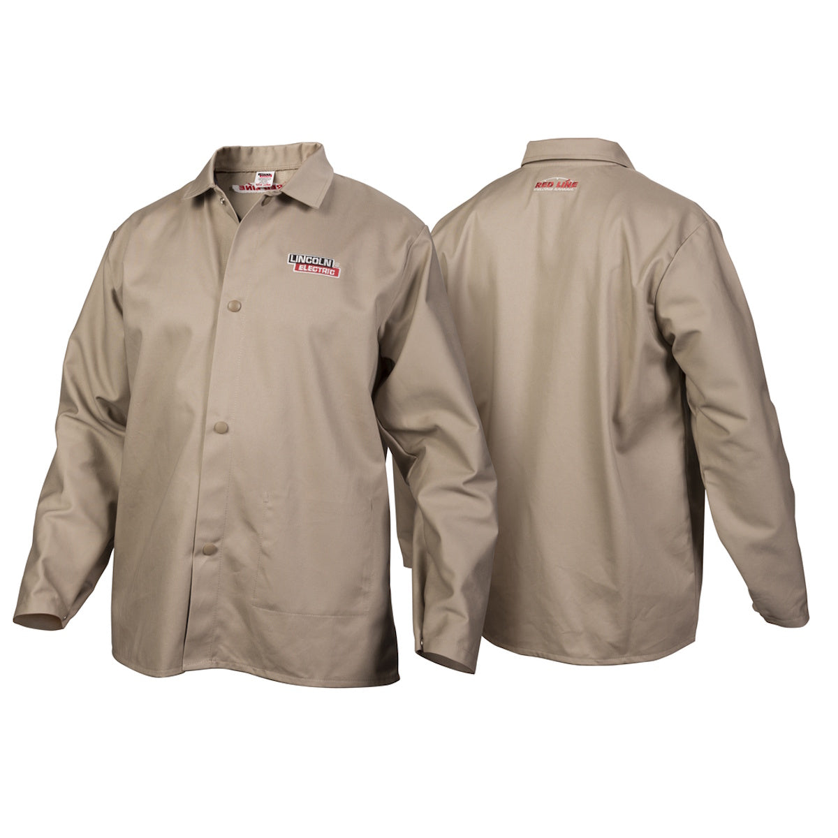 Lincoln Traditional Flame Retardant Khaki Welding Jacket K3317: front and back views, both with visible red logos.
