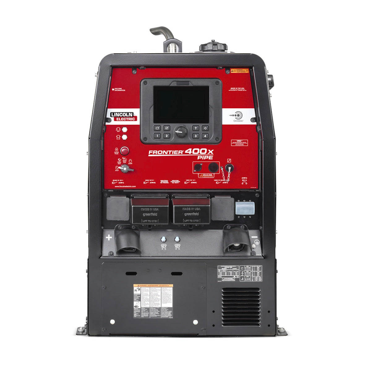 Lincoln Frontier 400X Pipe Diesel Engine Driven Welder featuring a red control panel, digital display, and power outlets.