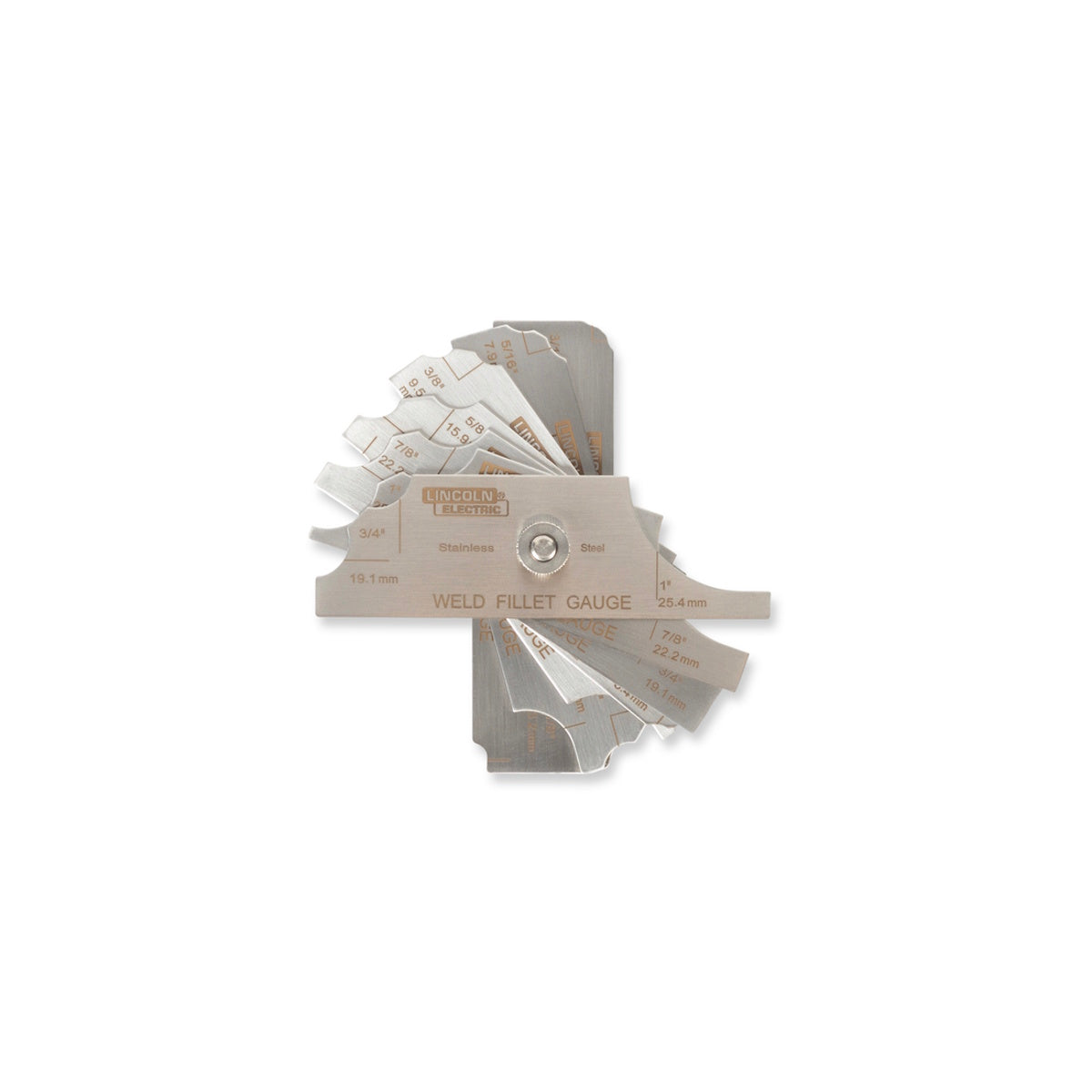 Lincoln Weld Fillet Gauge K3720-1: stainless, laser-etched sizes, fanned blades for checking weld fillets.