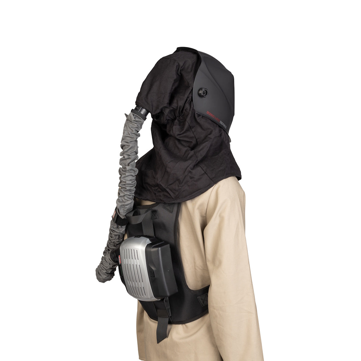 Lincoln Viking 3350 LED PAPR System K3930-7 worn as a backpack-style air-purifying respirator by the user.