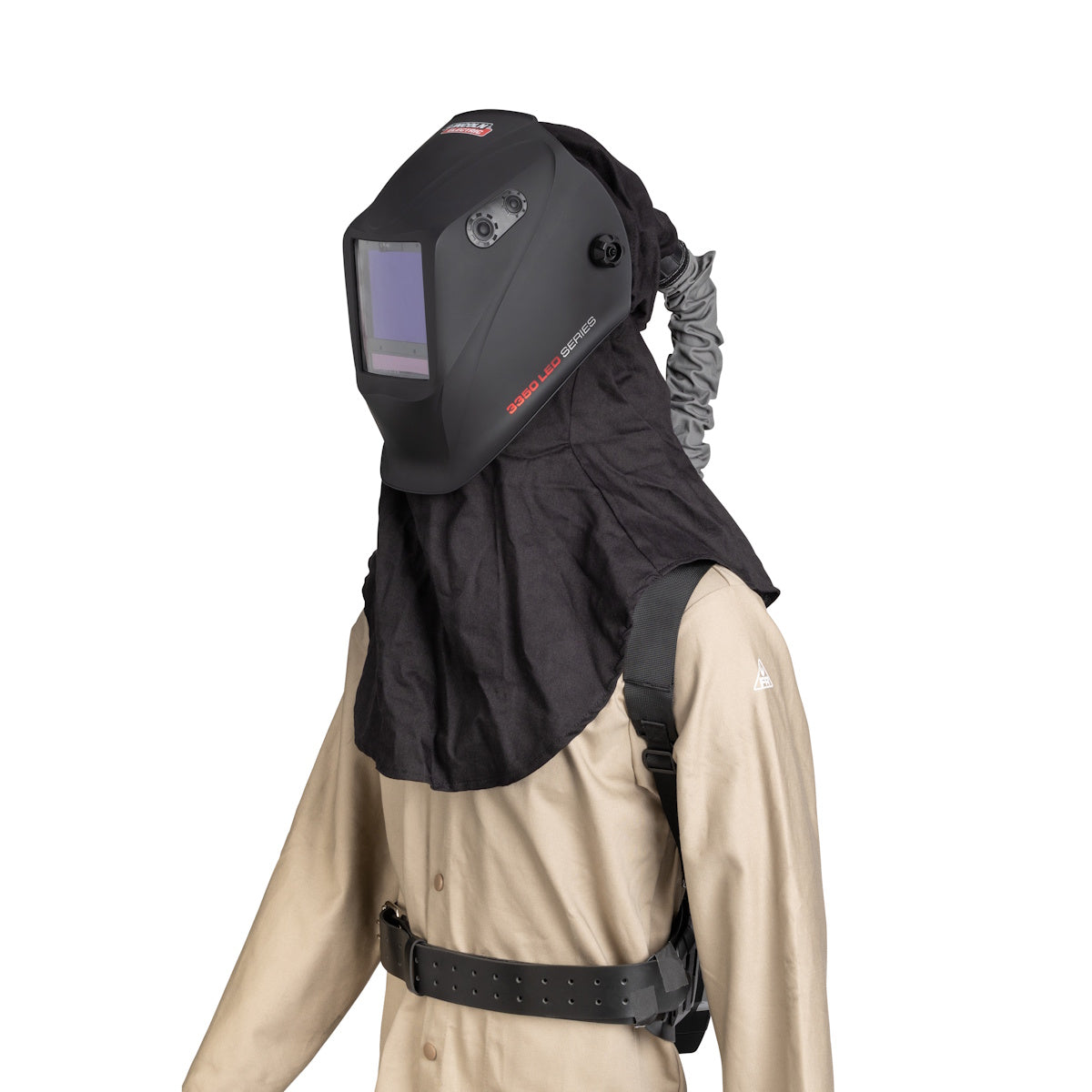 Lincoln Viking 3350 LED PAPR System worn by person in tan shirt with fabric hood and black belt harness at the waist.
