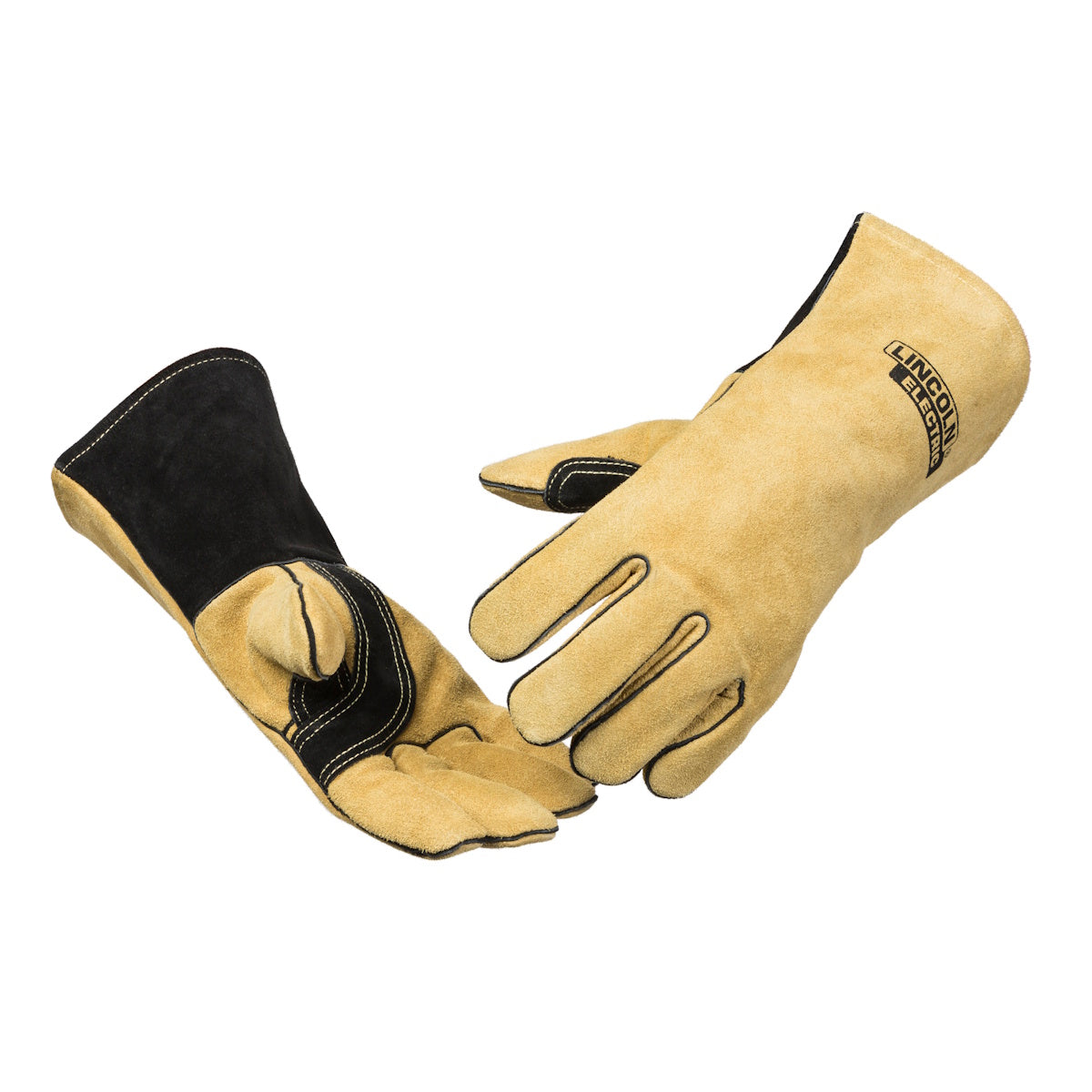 Lincoln Heavy Duty MIG Stick Welding Gloves K4082, tan/black, reinforced palms, Lincoln logo on cuff.
