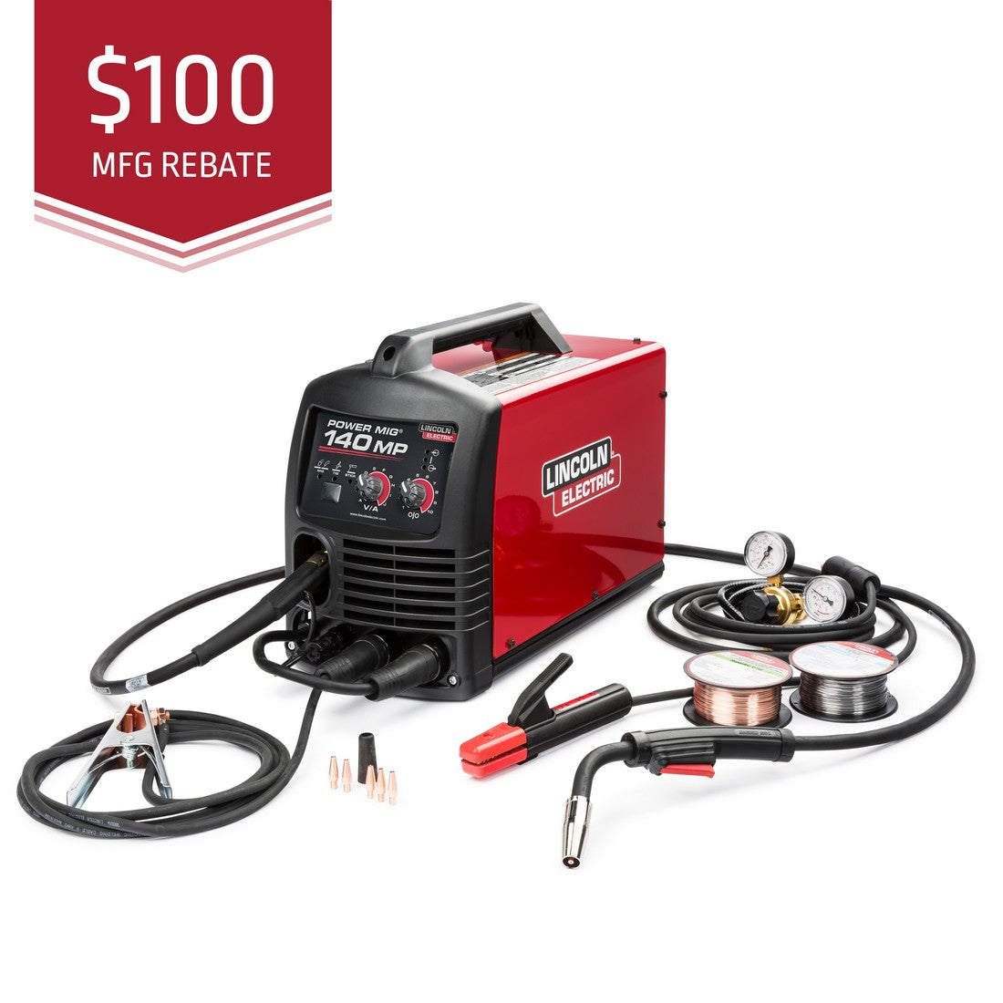 Lincoln Power Mig 140 MP Multi Process Welder TIG One-Pak K4499-1 shown with cables, clamps, spools  100 rebate badge.
