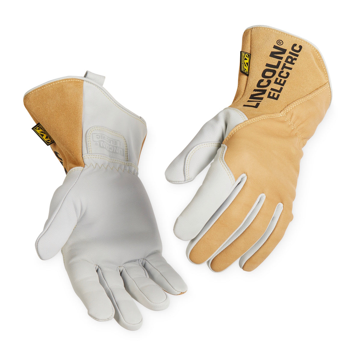 Lincoln MX Series Welding Gloves K5132, tan and gray, shown palm up and palm down.