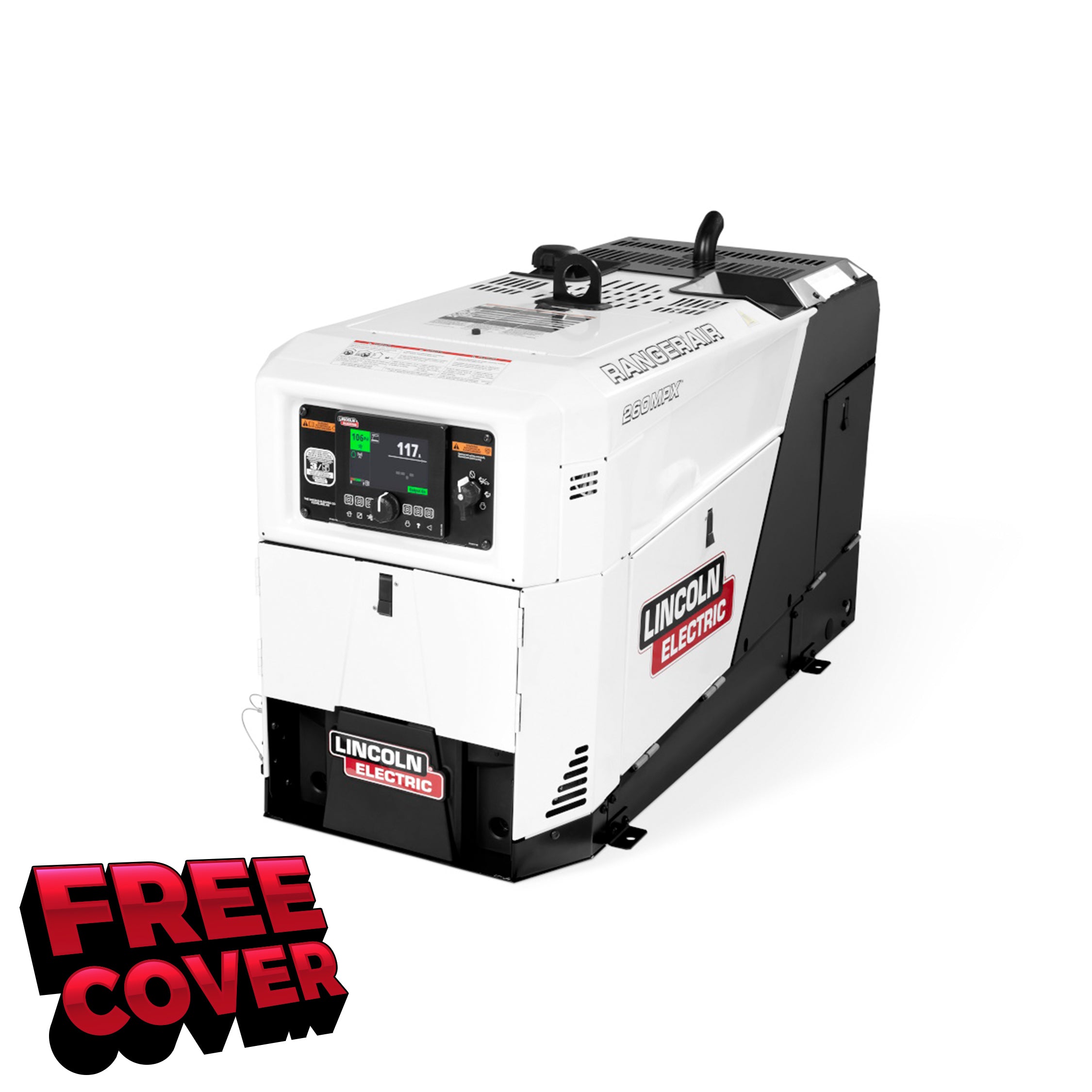 White Lincoln Ranger Air 260 MPX Engine Driven Welder, control panel, black accents, plus FREE COVER in red.